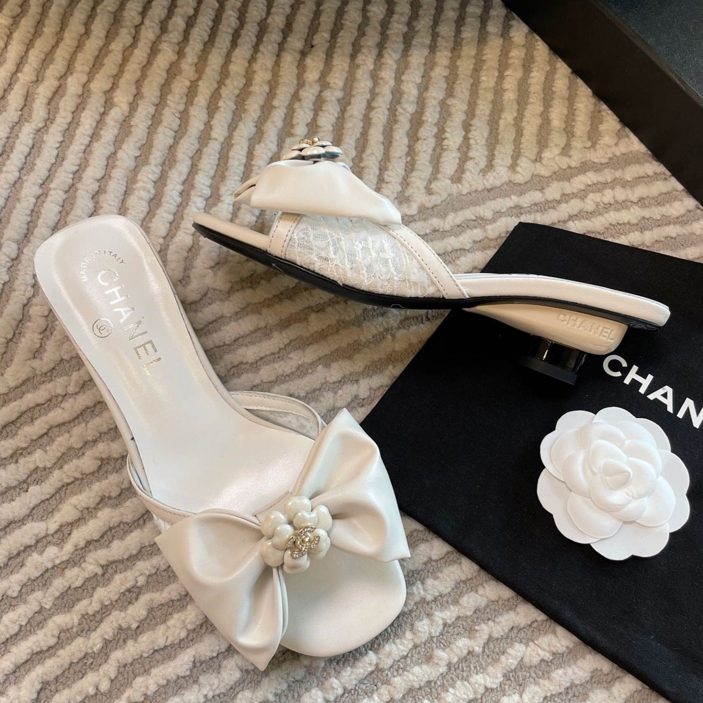 mule sandal bow flower white calfskin