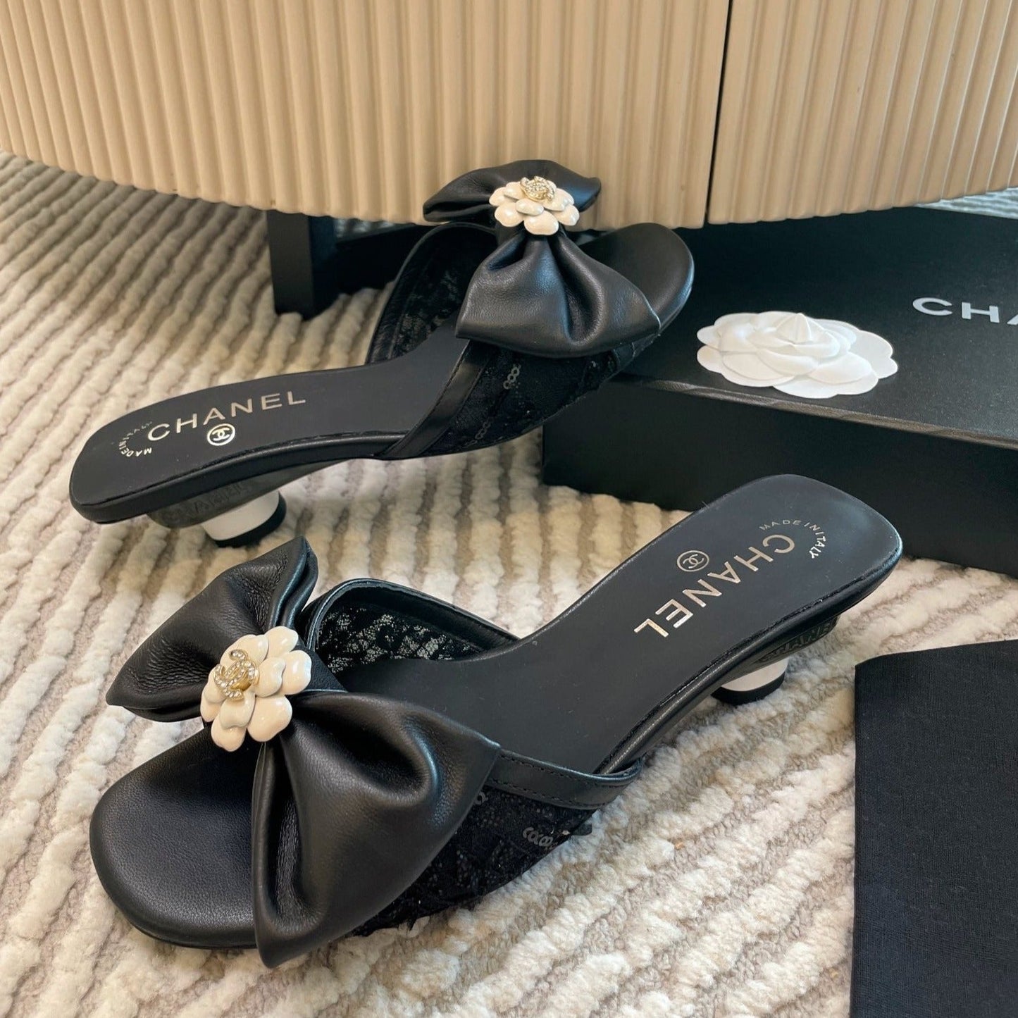 mule sandal bow flower black calfskin