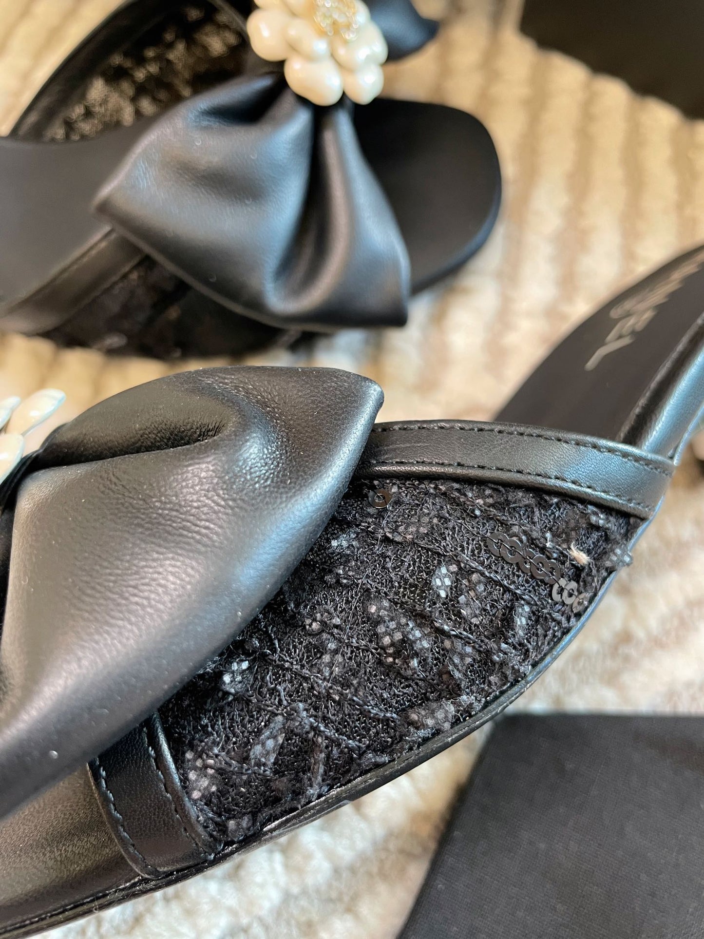 mule sandal bow flower black calfskin