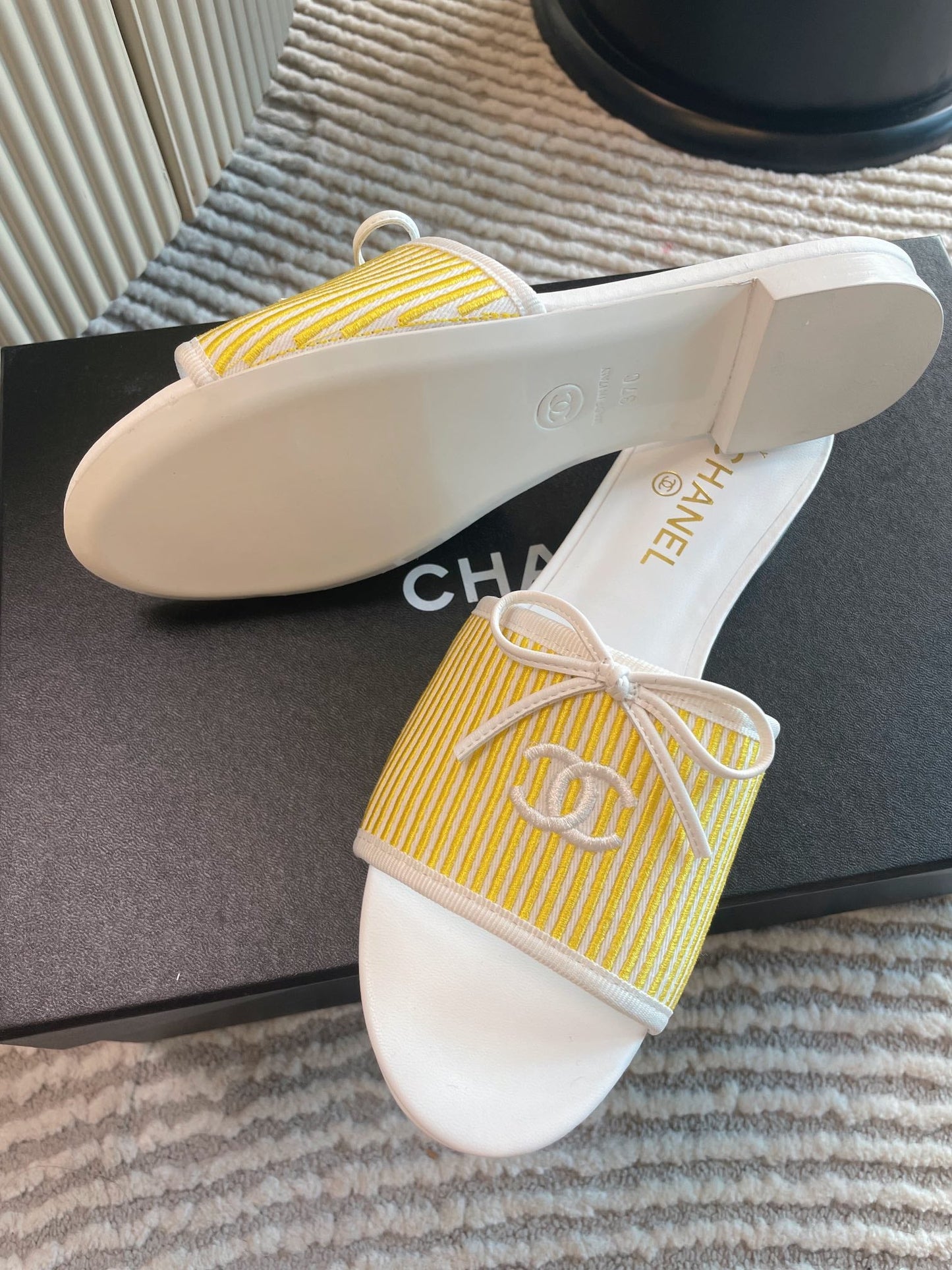 mule sandal white yellow embroidered fabric calfskin