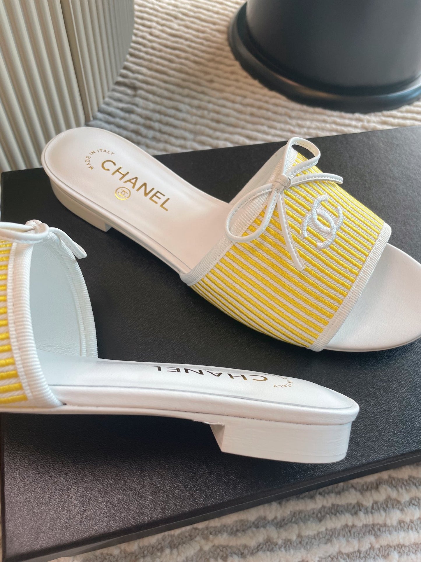 mule sandal white yellow embroidered fabric calfskin