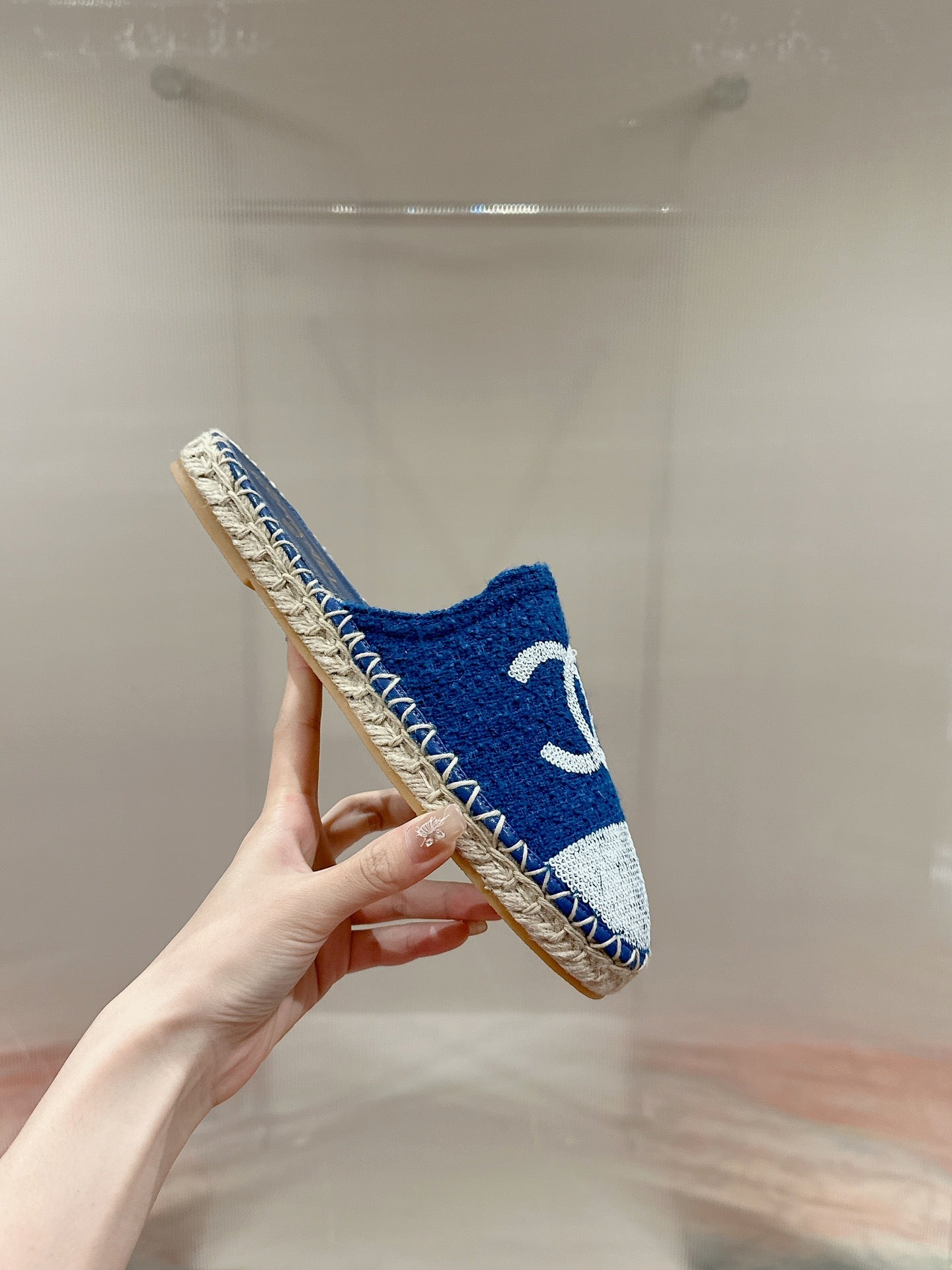 cc espadrilles mule blue tweed white sequin