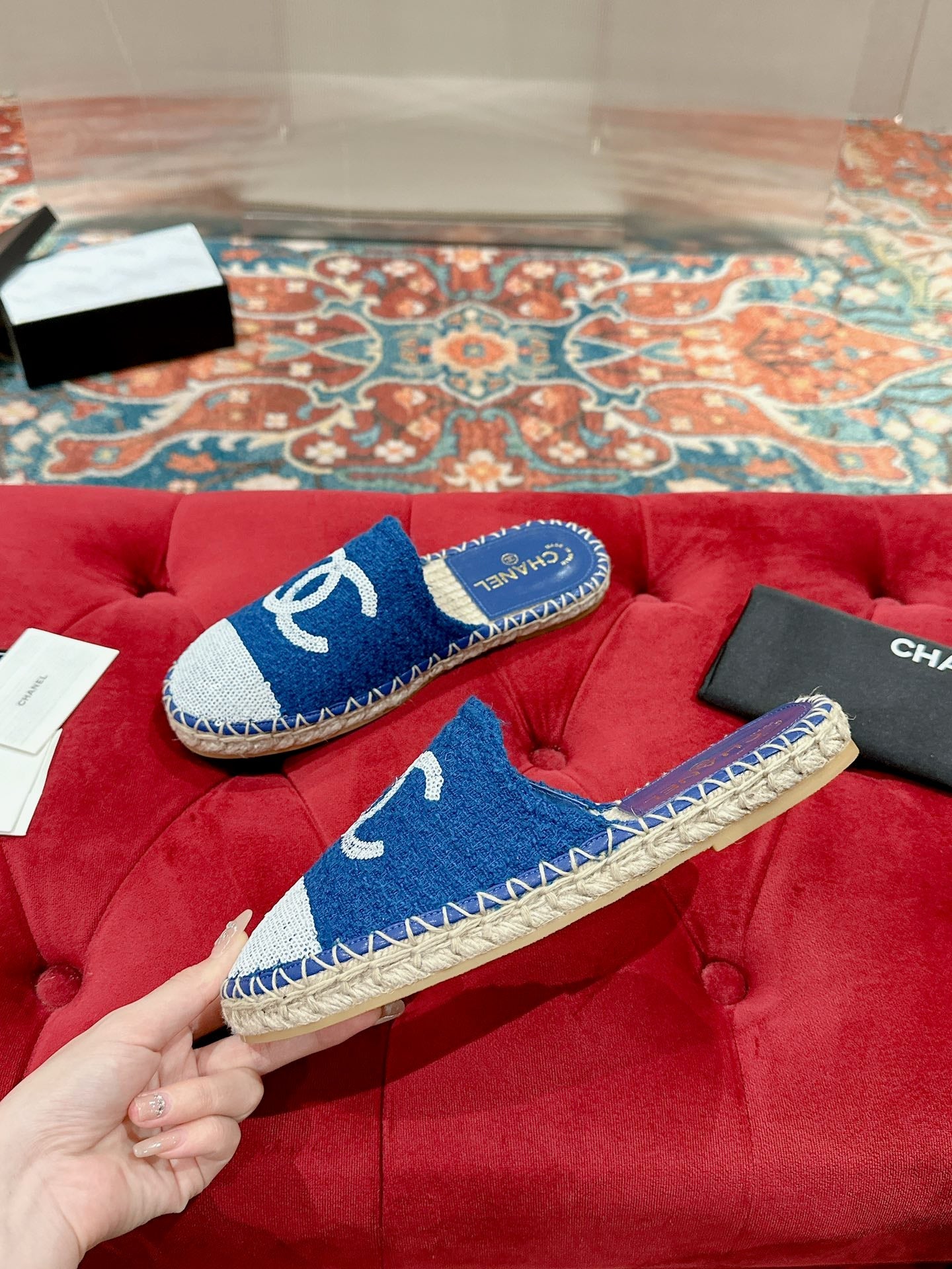 cc espadrilles mule blue tweed white sequin