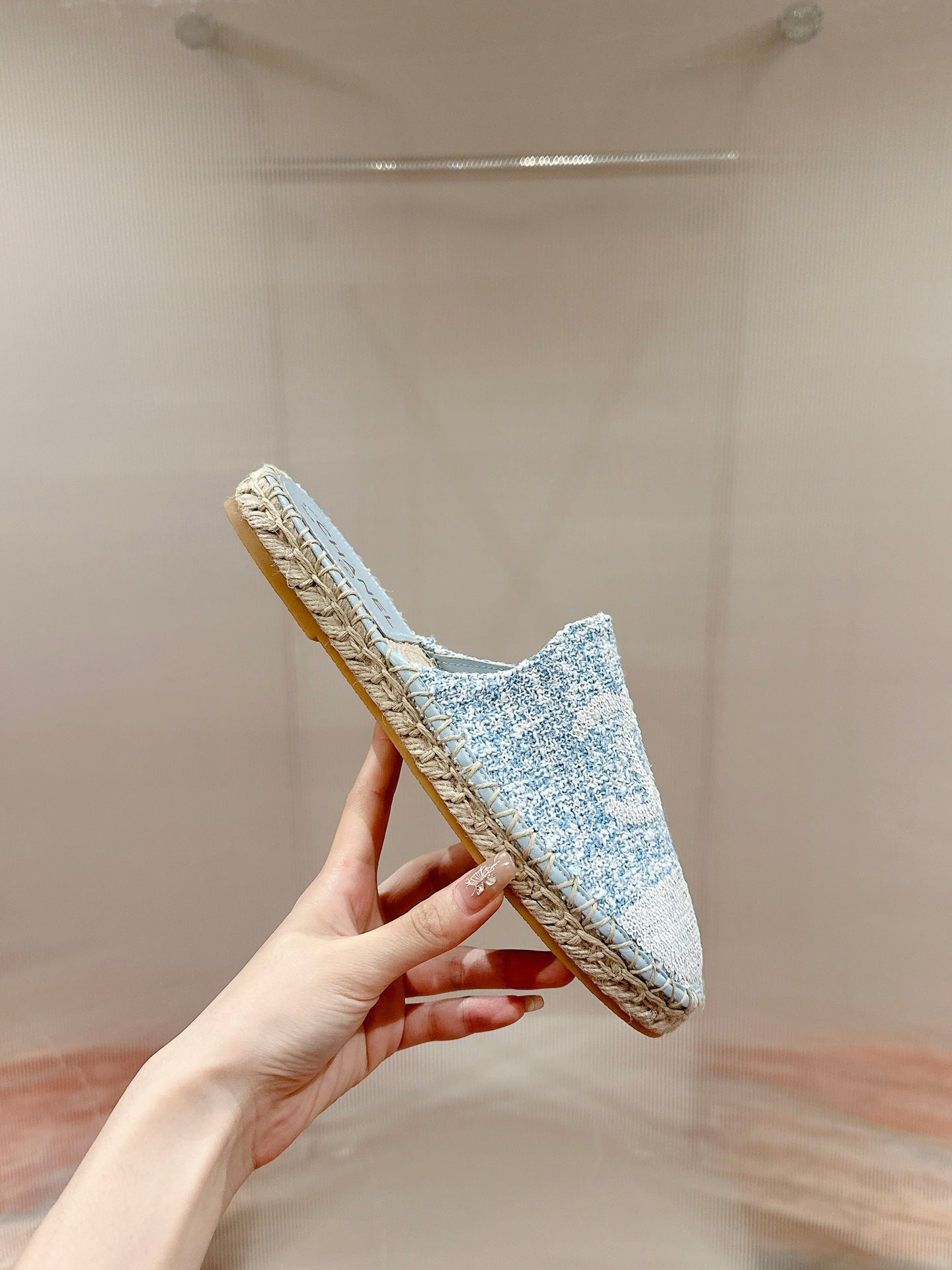 cc espadrilles mule cloud blue fabric white sequin