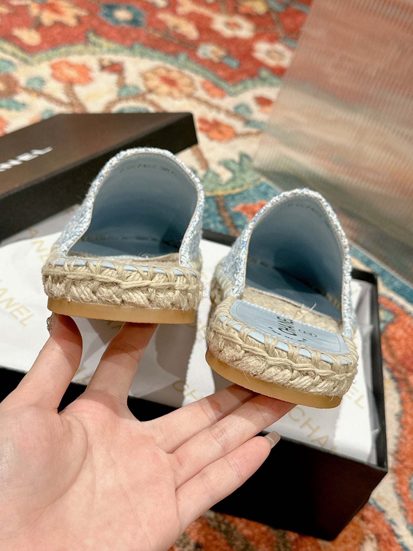 cc espadrilles mule cloud blue fabric white sequin