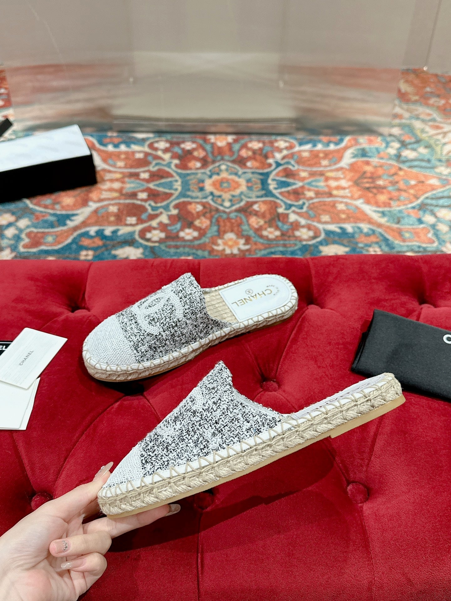 cc espadrilles mule grey fabric white sequin