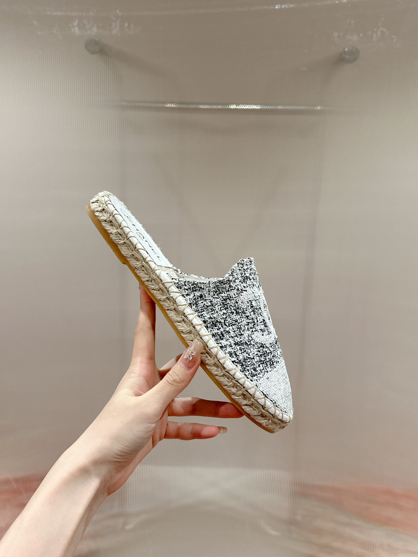 cc espadrilles mule grey fabric white sequin