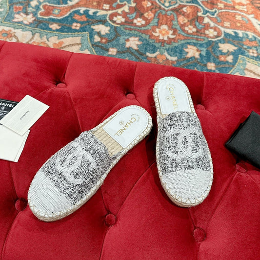 cc espadrilles mule grey fabric white sequin