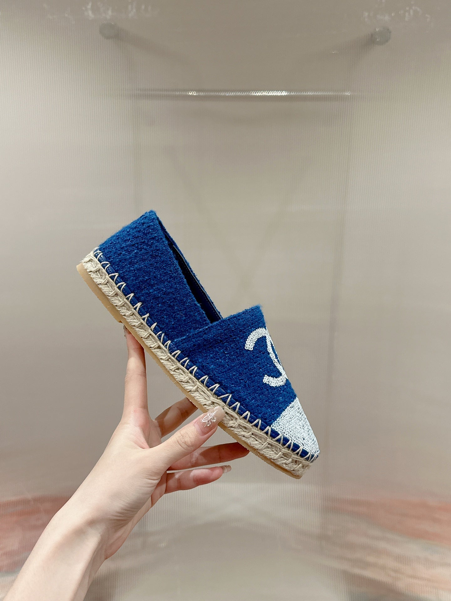 cc espadrilles blue cotton tweed white sequin