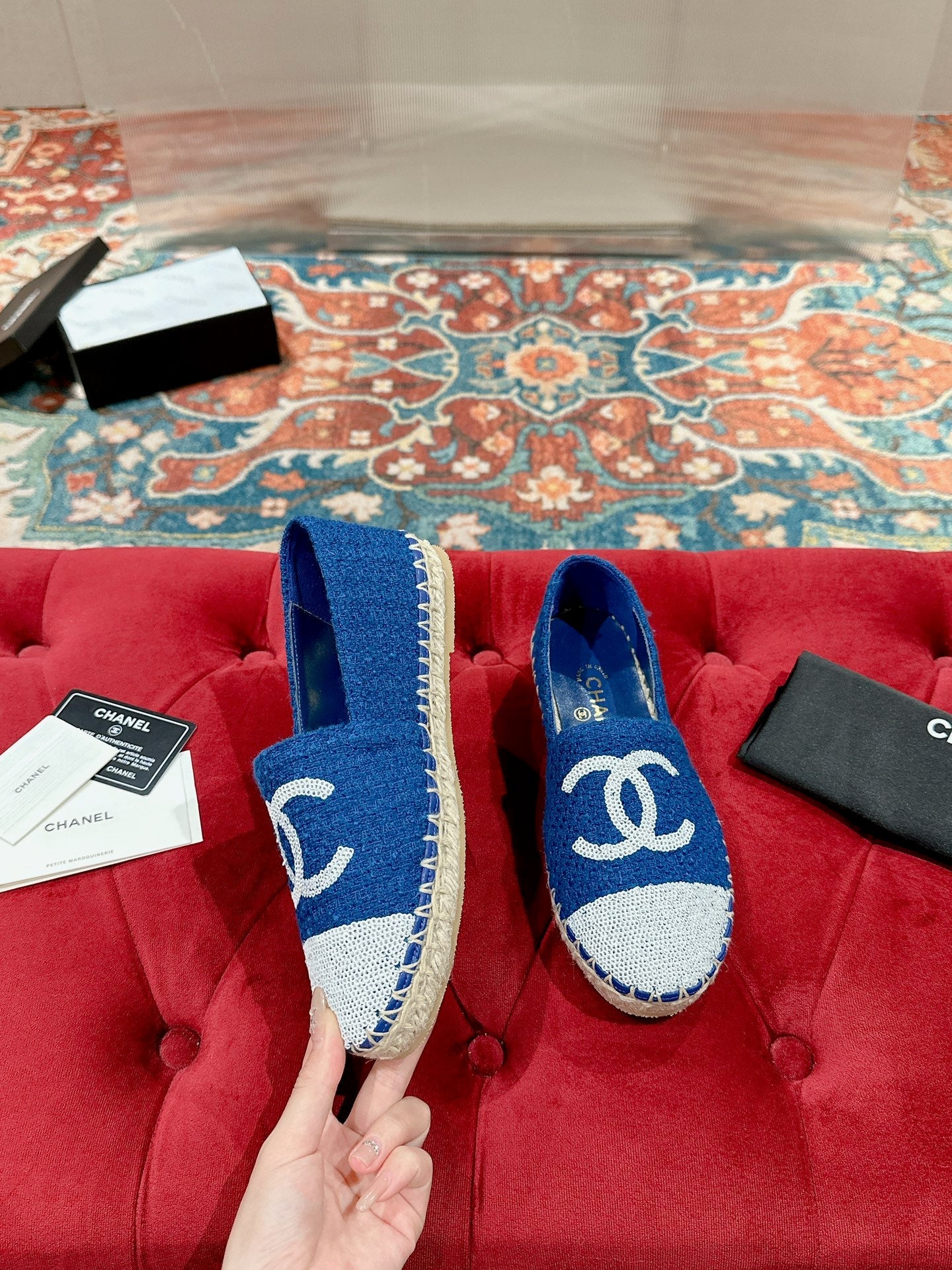 cc espadrilles blue cotton tweed white sequin