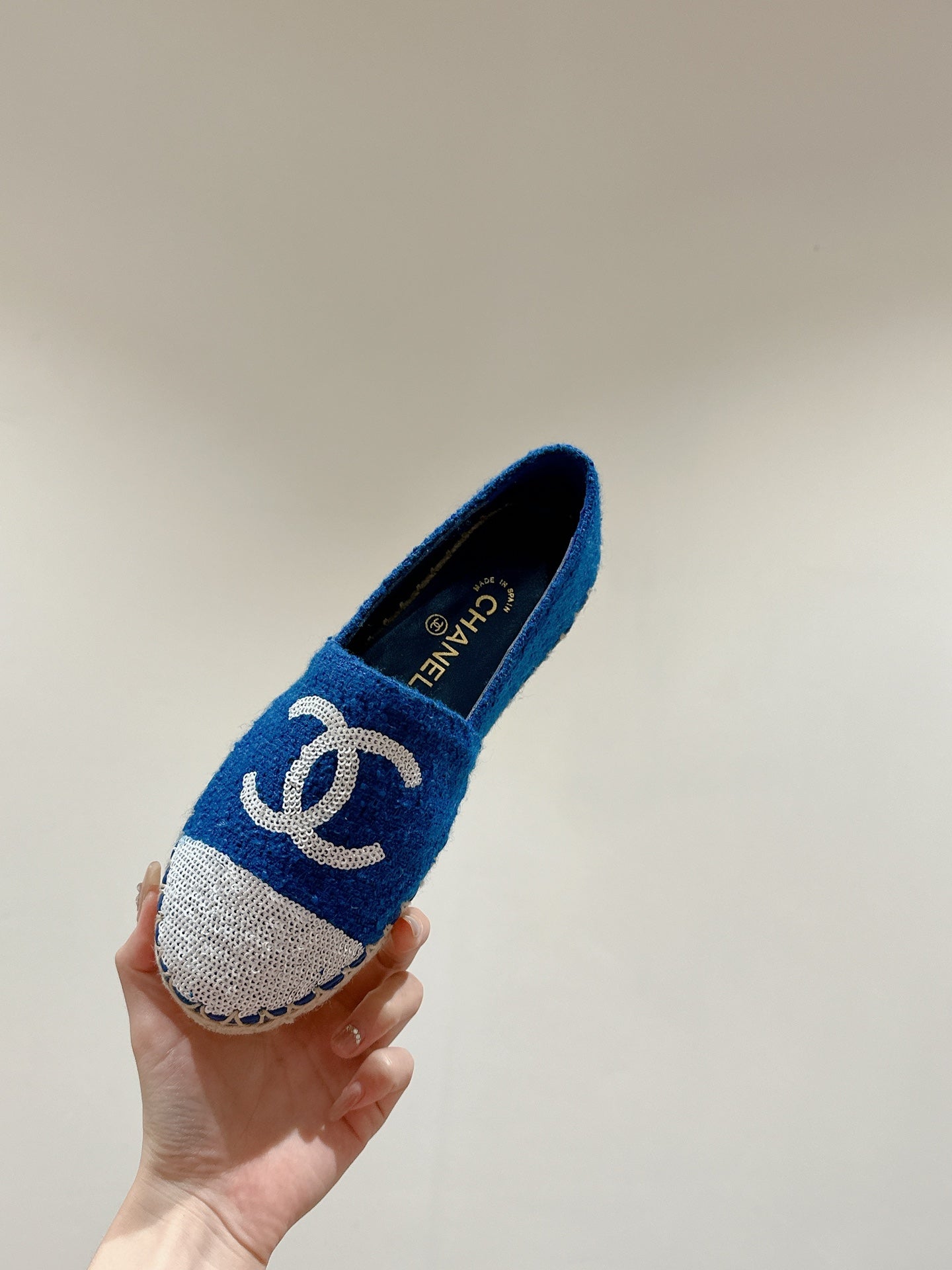 cc espadrilles blue cotton tweed white sequin