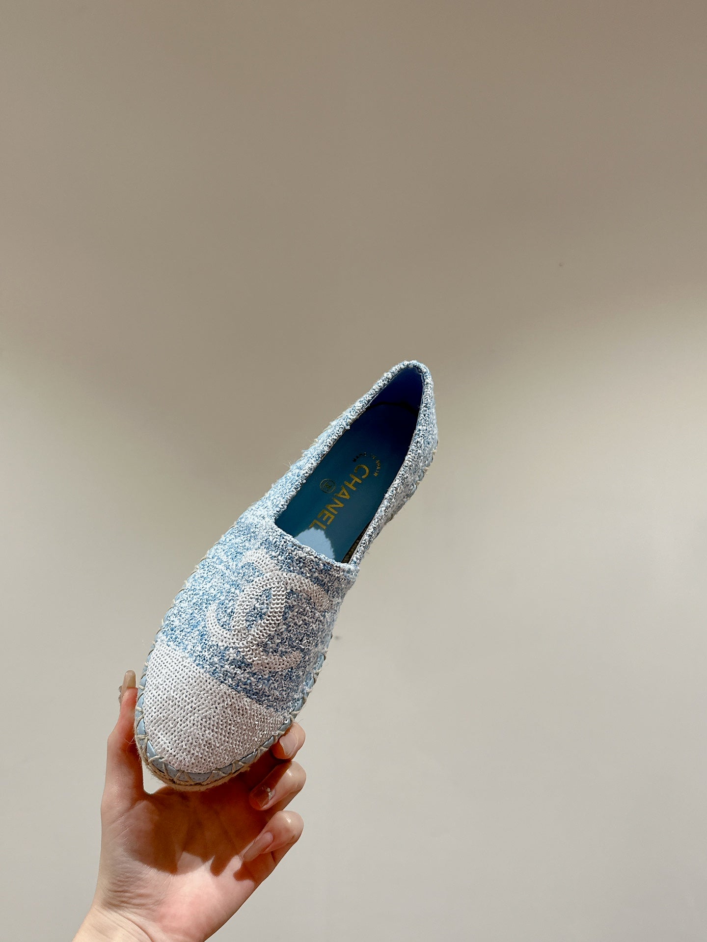 cc espadrilles cloud blue fabric white sequin