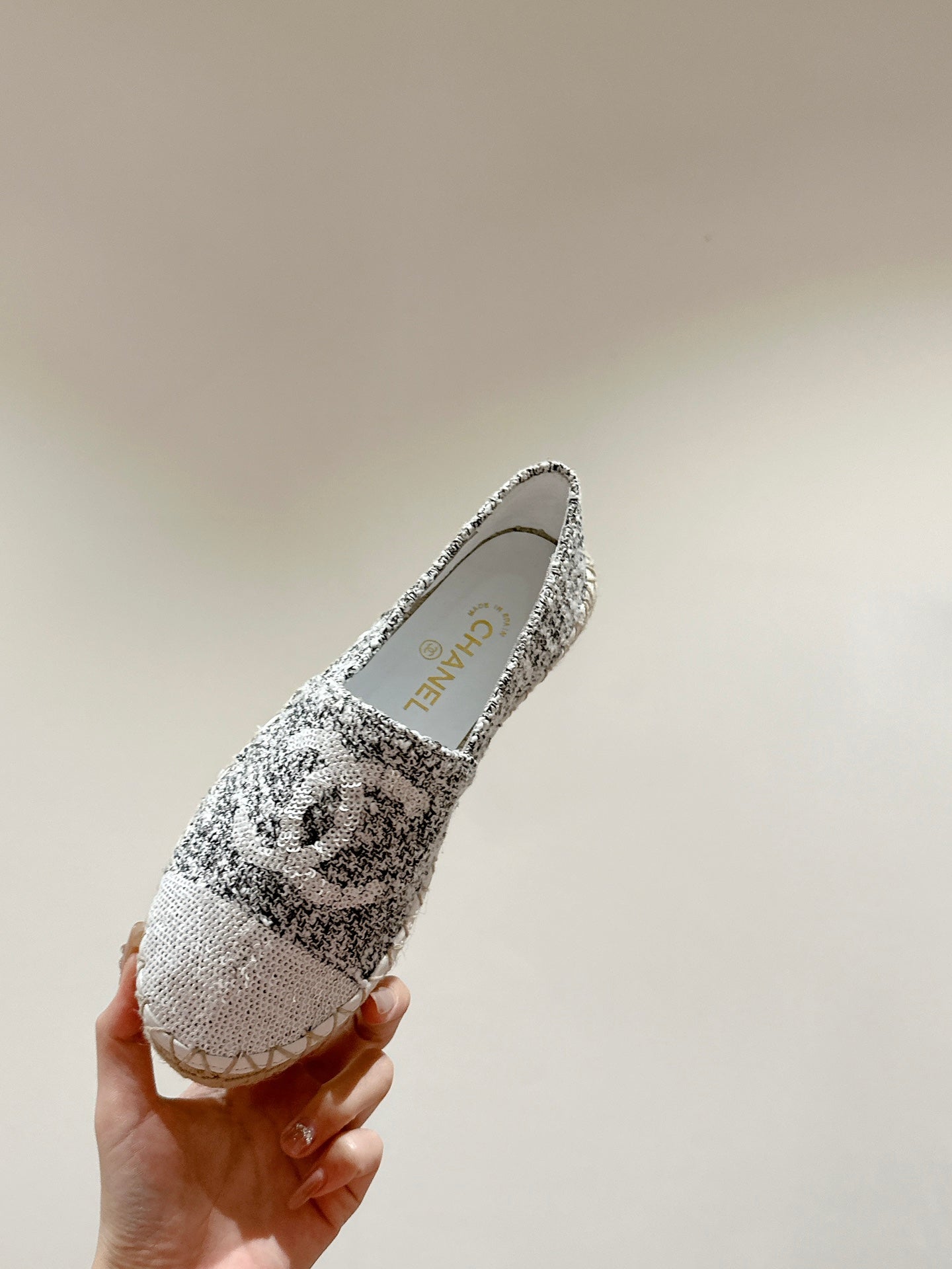 cc espadrilles grey fabric white sequin