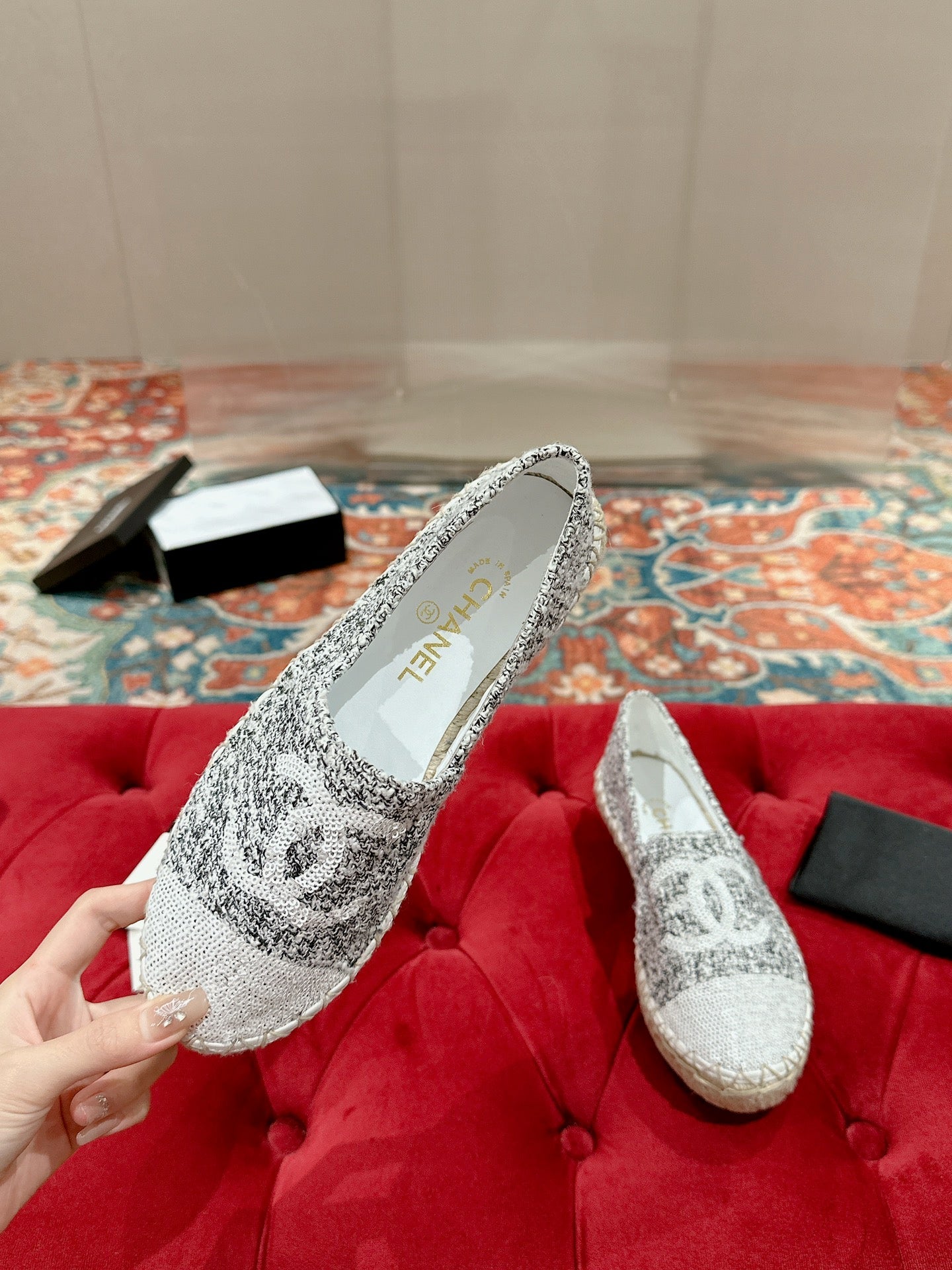 cc espadrilles grey fabric white sequin