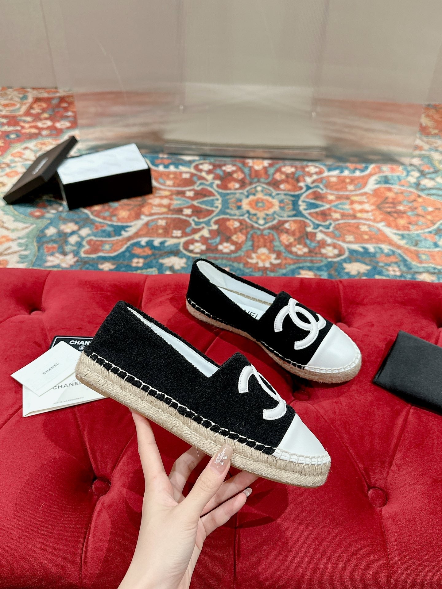 cc espadrilles black fleece fabric white calfskin