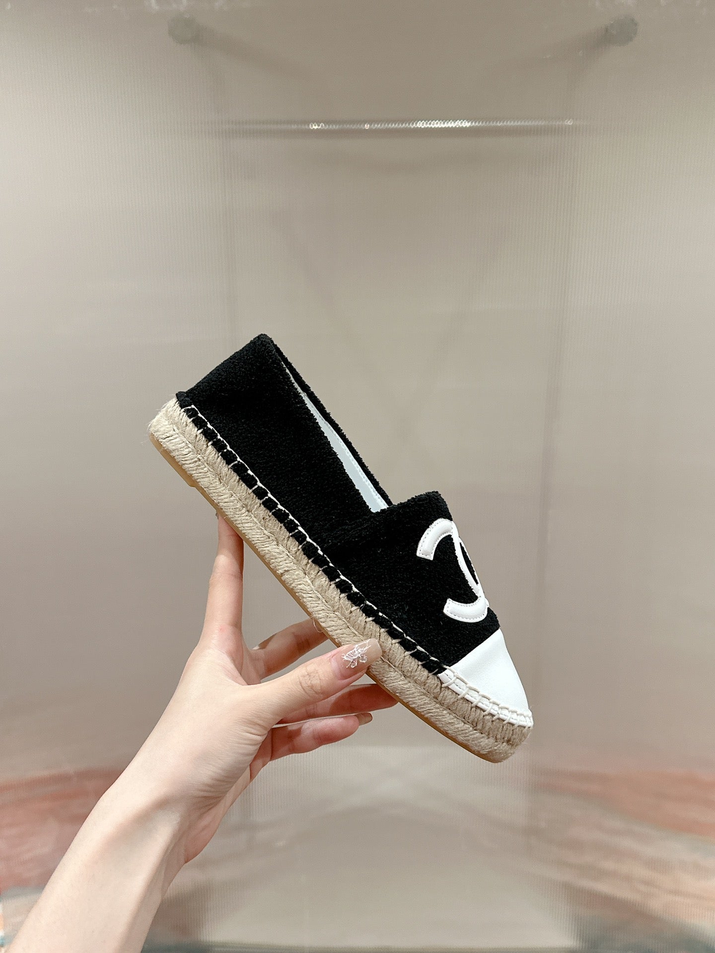 cc espadrilles black fleece fabric white calfskin