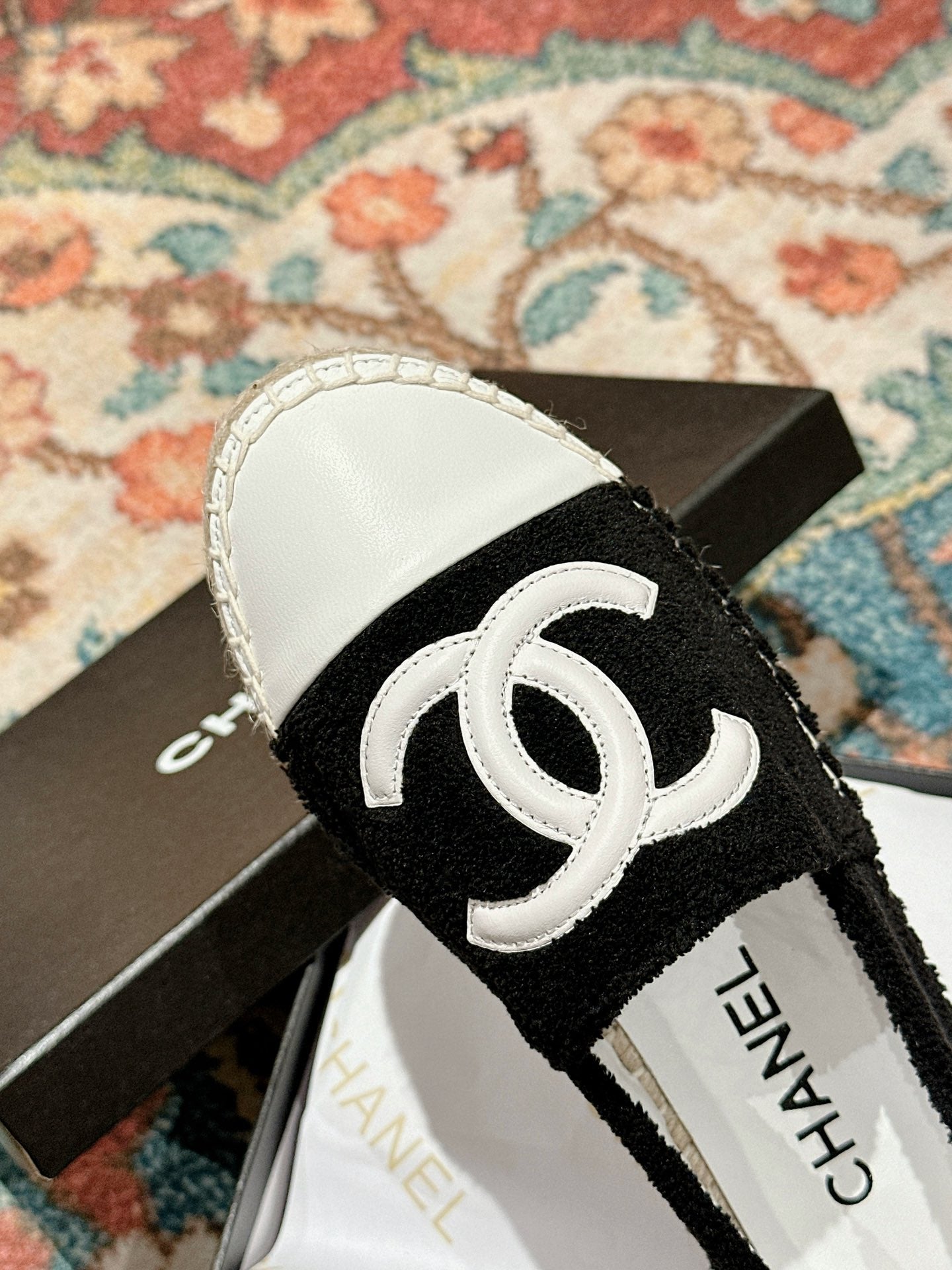 cc espadrilles black fleece fabric white calfskin