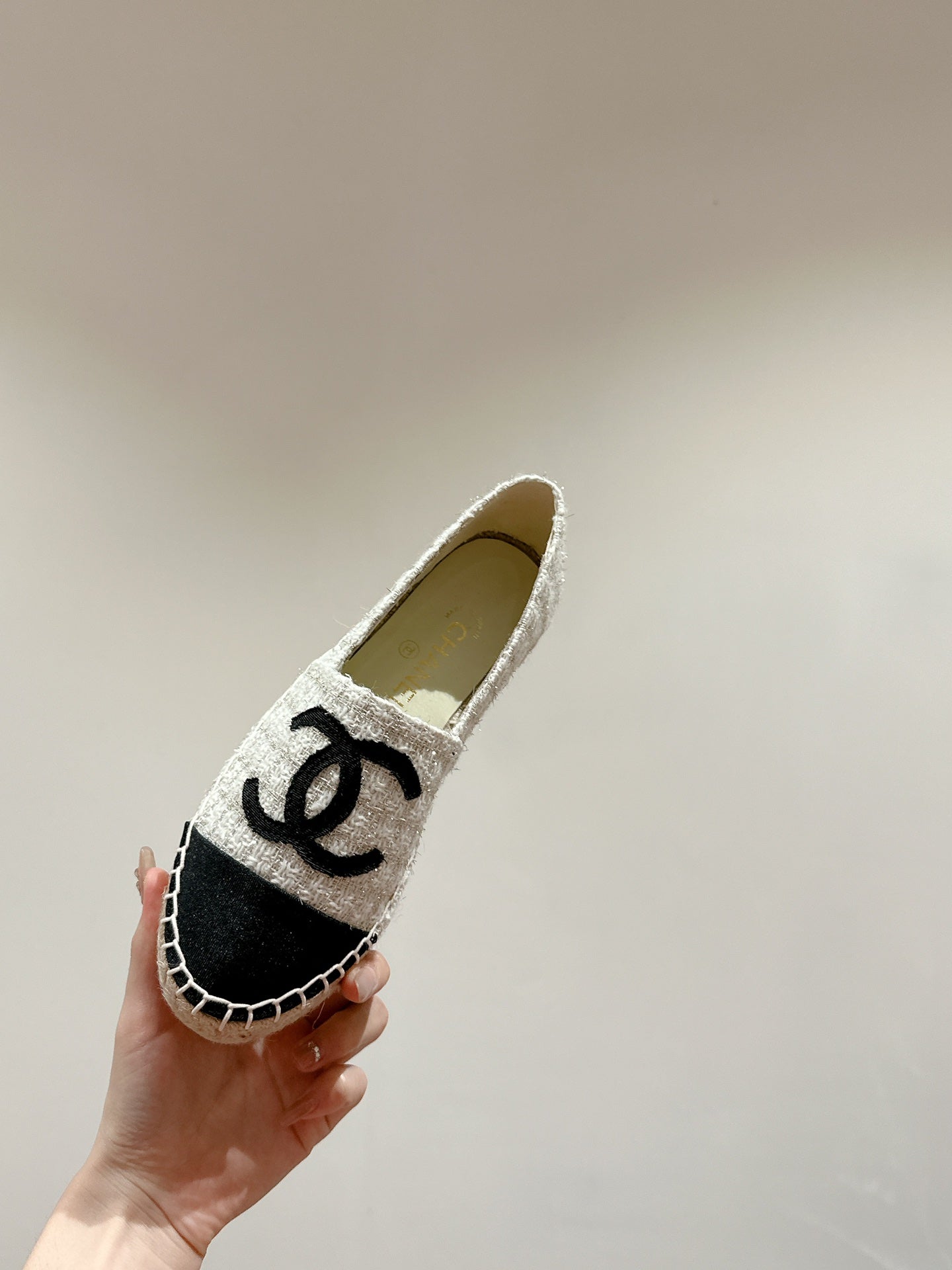 ccc espadrilles white grey tweed black grosgrain