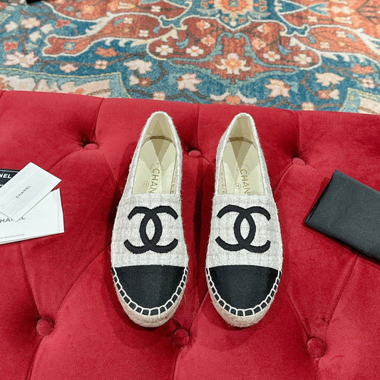 ccc espadrilles white grey tweed black grosgrain