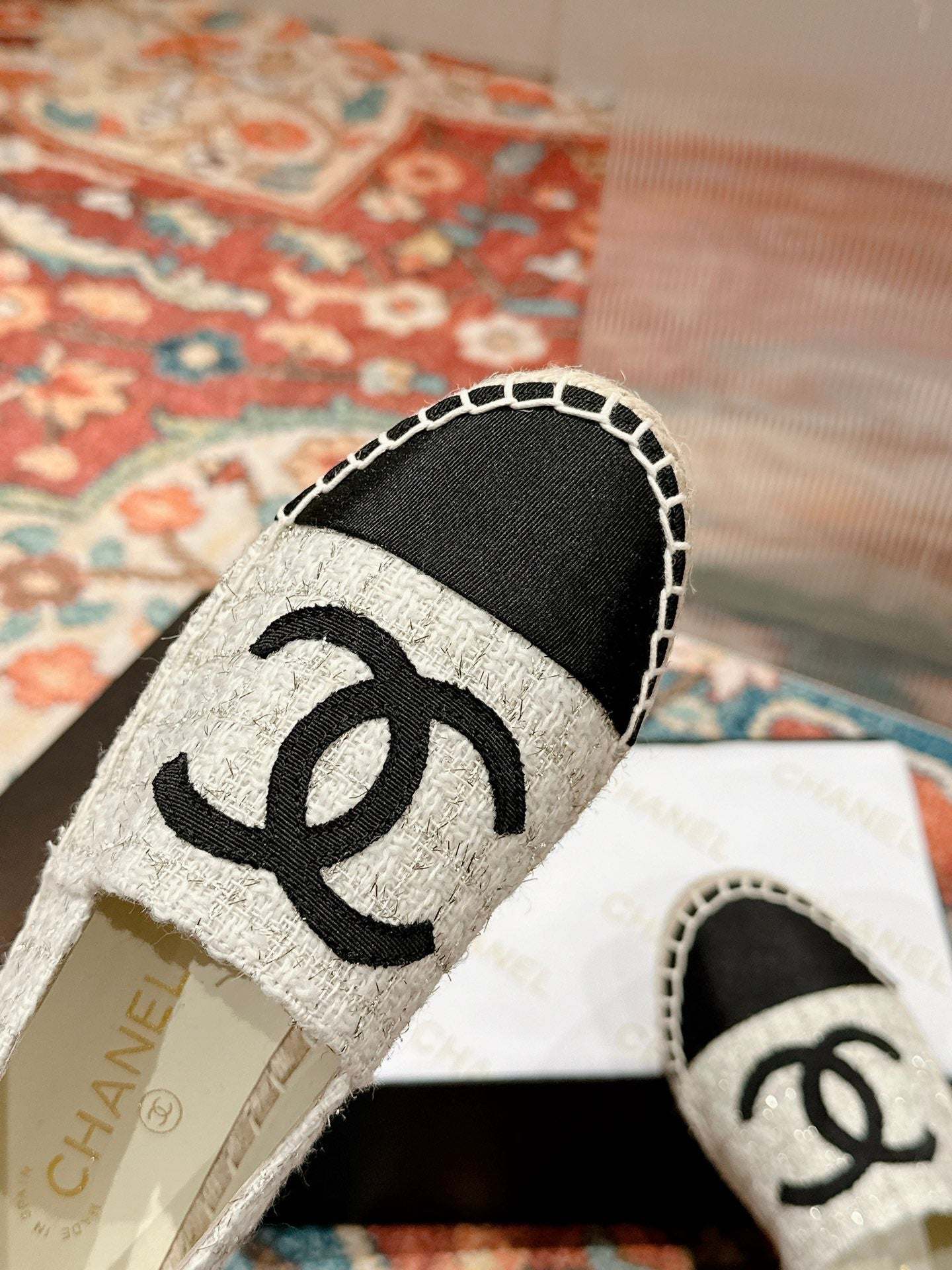 ccc espadrilles white grey tweed black grosgrain