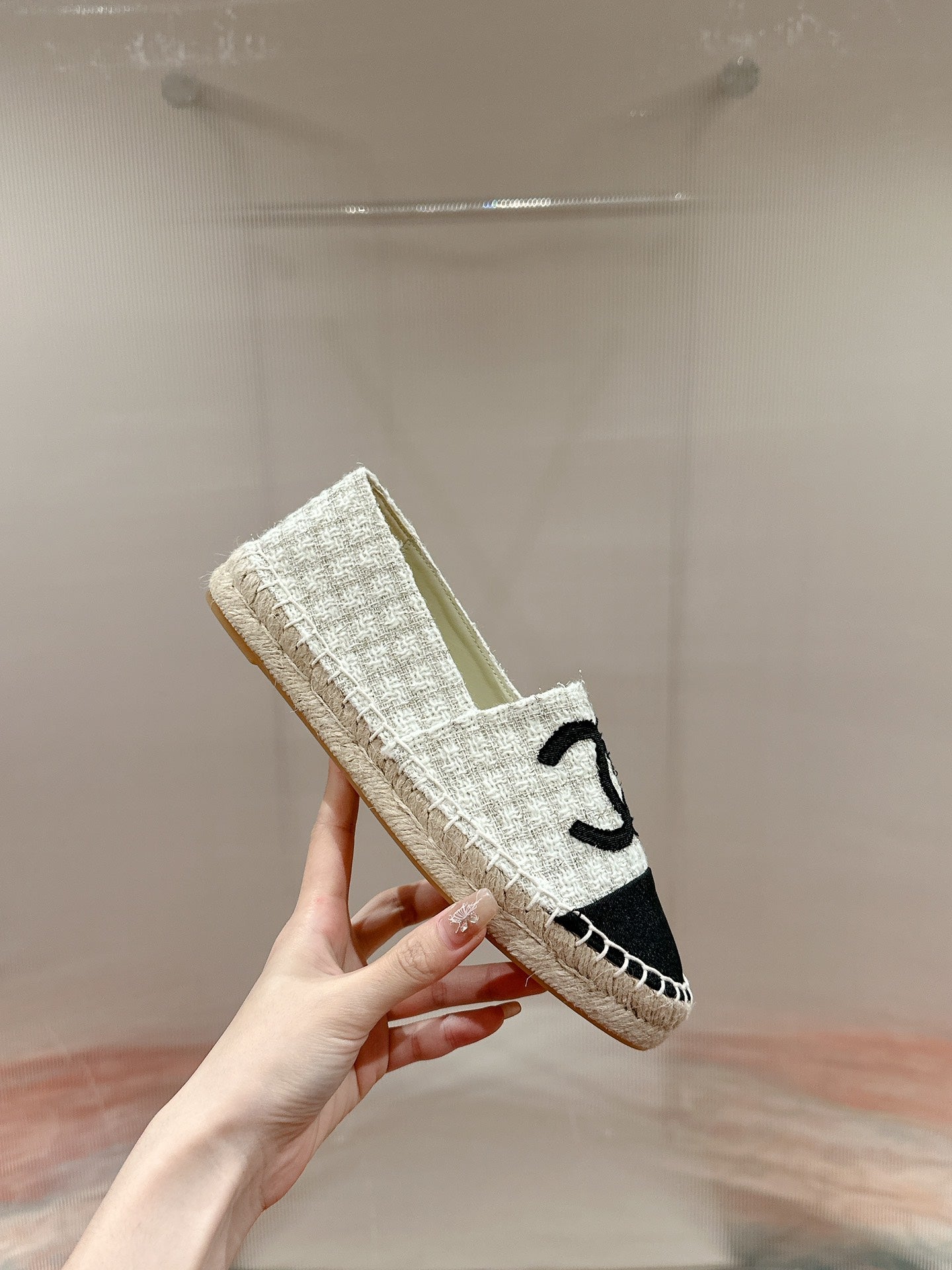 ccc espadrilles white grey tweed black grosgrain