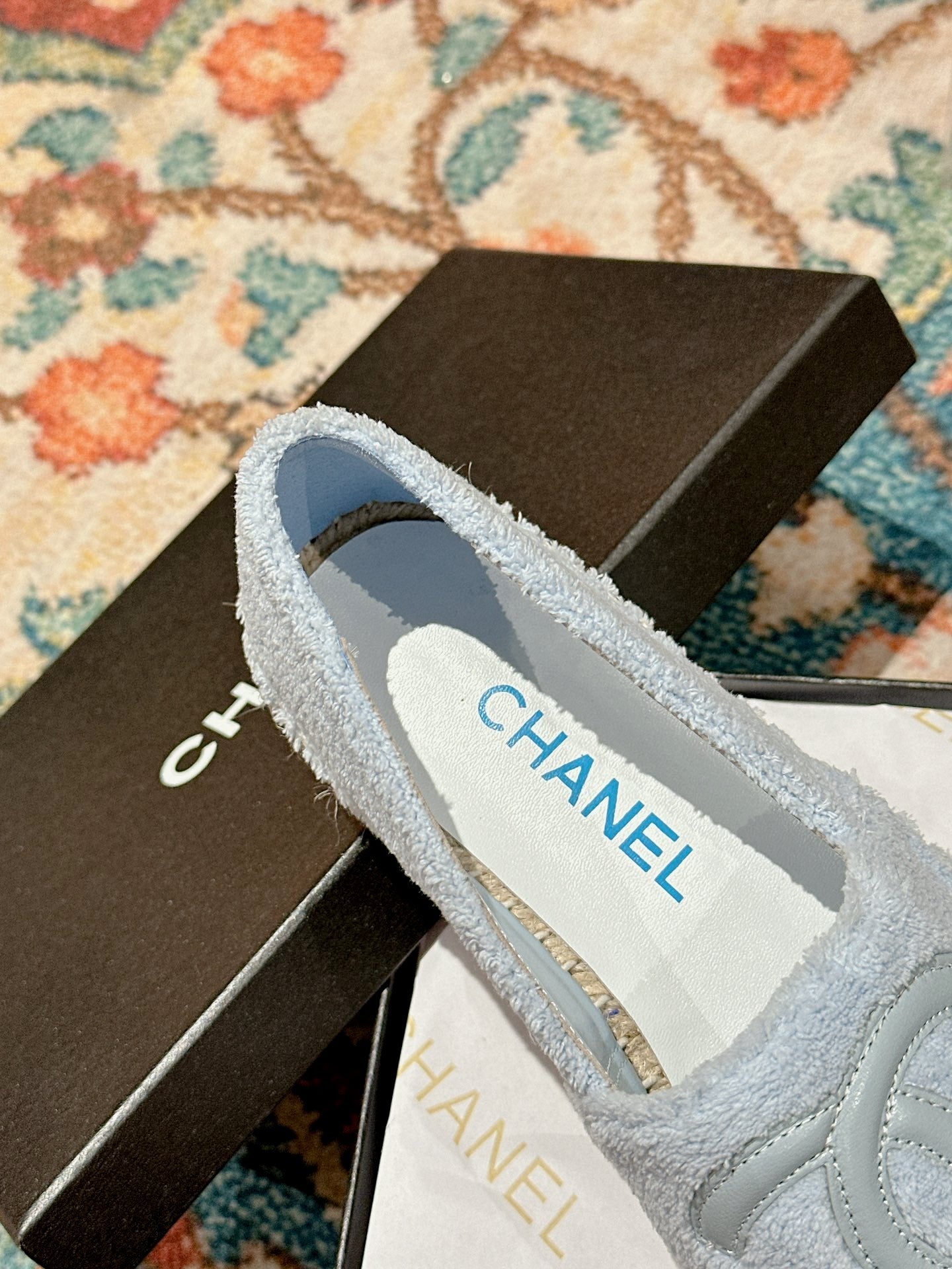 cc espadrilles cloud blue fleece fabric calfskin