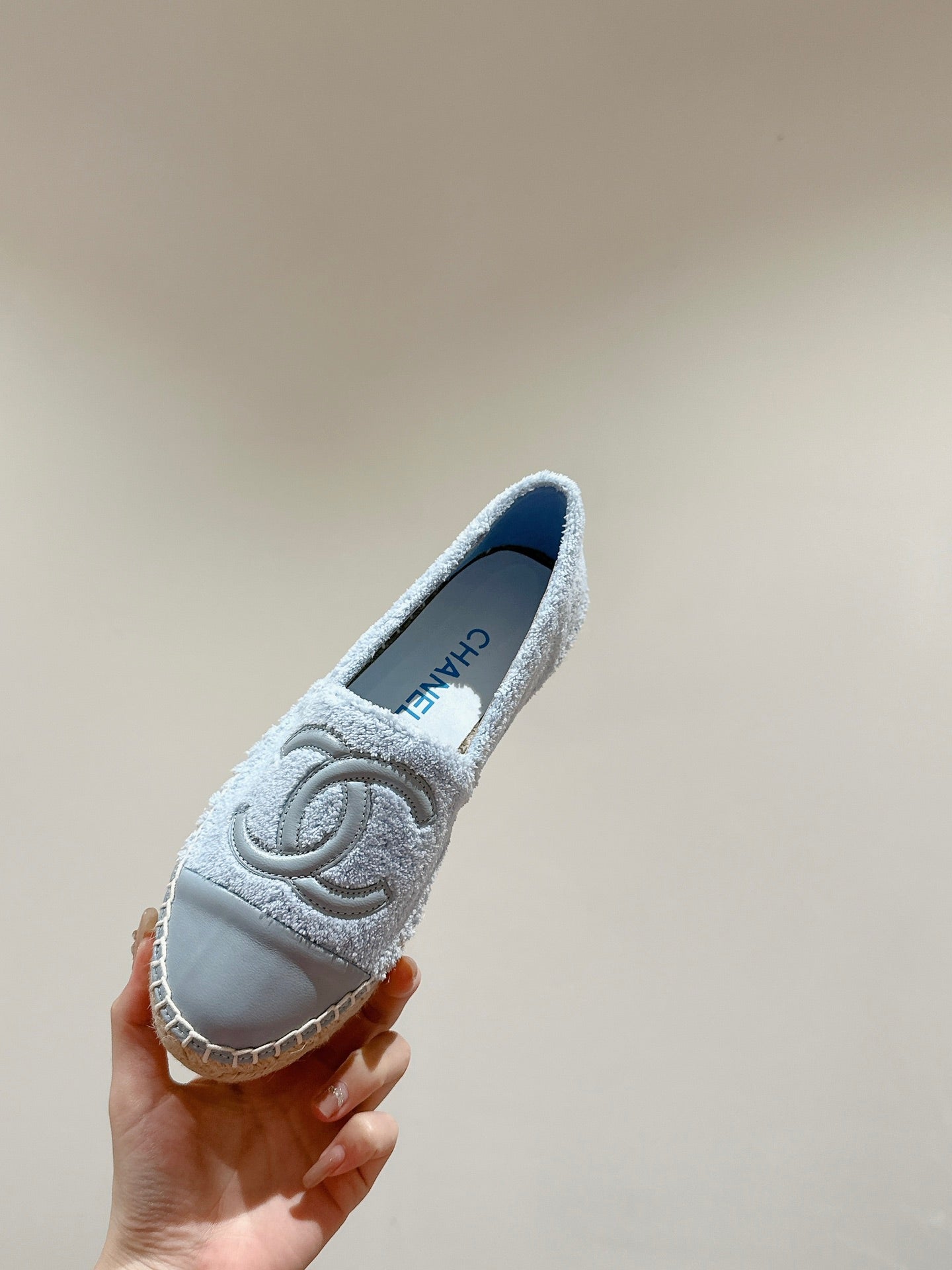 cc espadrilles cloud blue fleece fabric calfskin