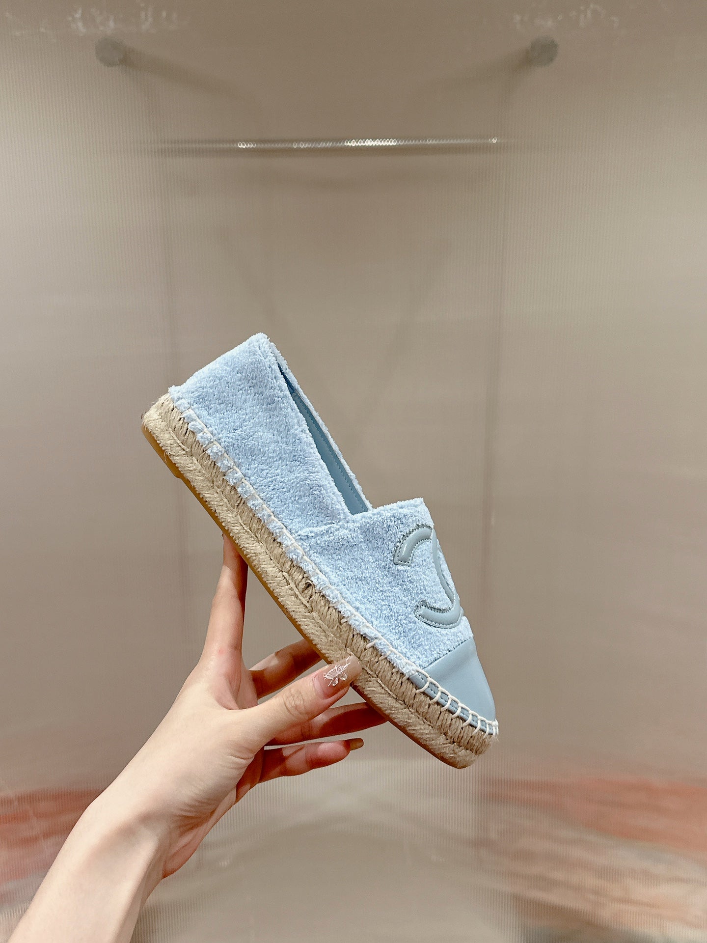 cc espadrilles cloud blue fleece fabric calfskin