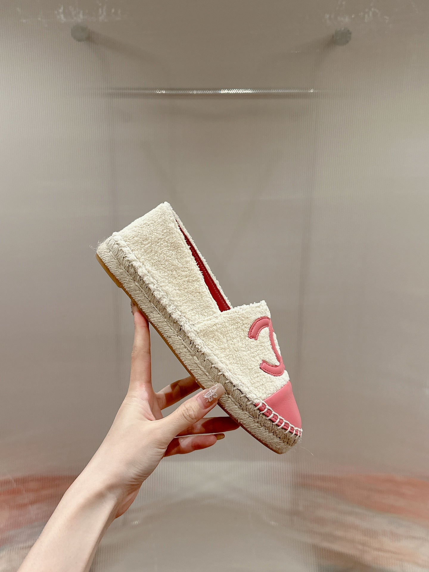 cc espadrilles beige fleece fabric pink calfskin