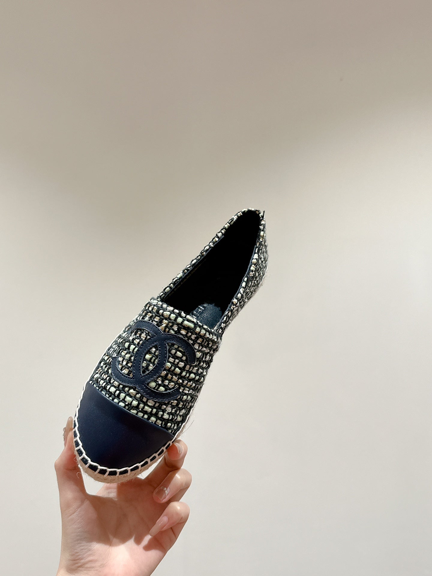 cc espadrilles dark blue blended fabric calfskin