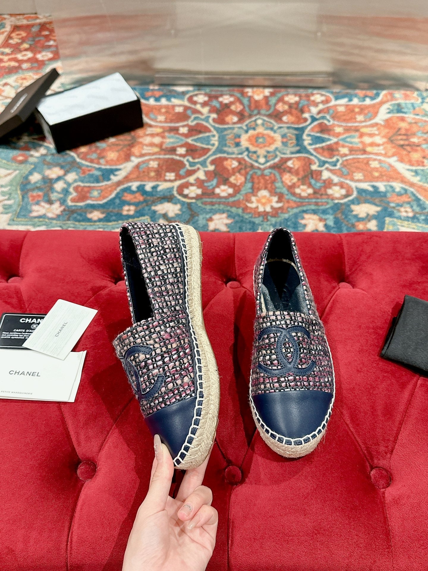 cc espadrilles dark blue blended fabrics calfskin