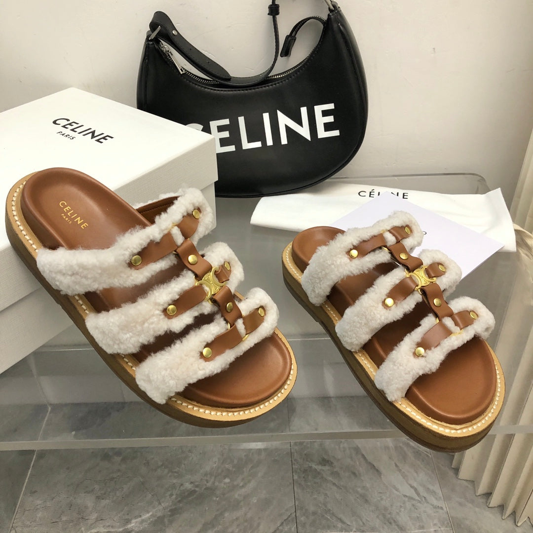 TIPPI SLIDE IN WHITE SHEARLING AND BROWN CALFSKIN