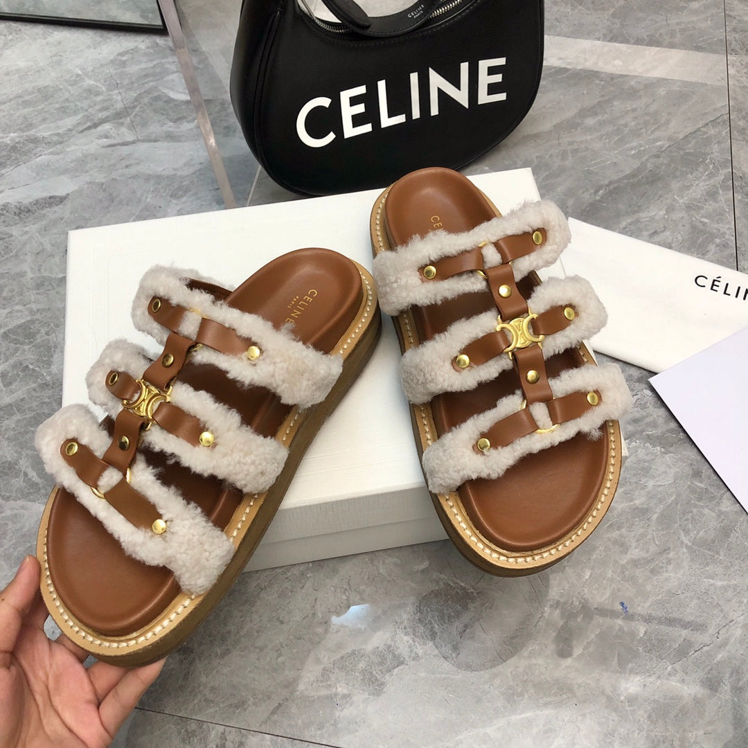 TIPPI SLIDE IN WHITE SHEARLING AND BROWN CALFSKIN