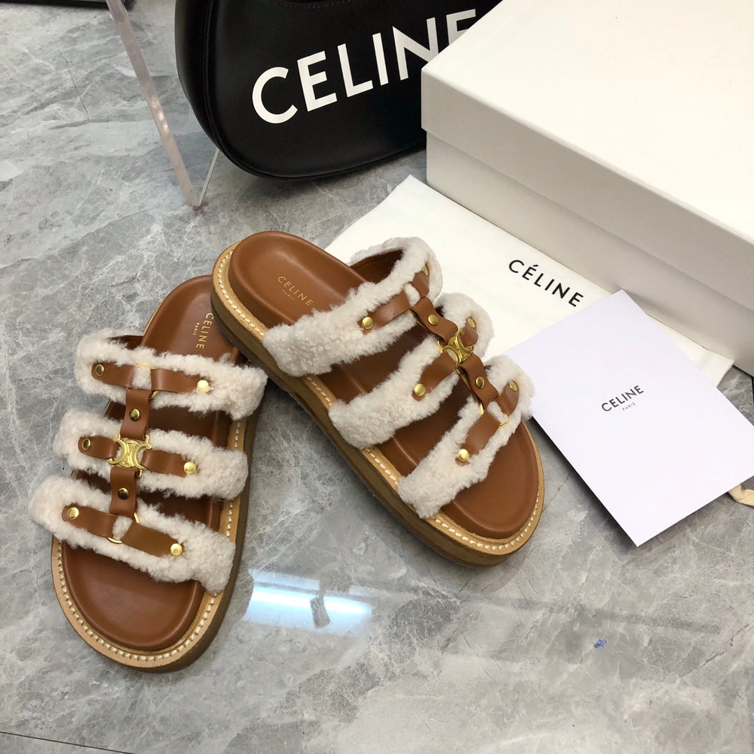 TIPPI SLIDE IN WHITE SHEARLING AND BROWN CALFSKIN