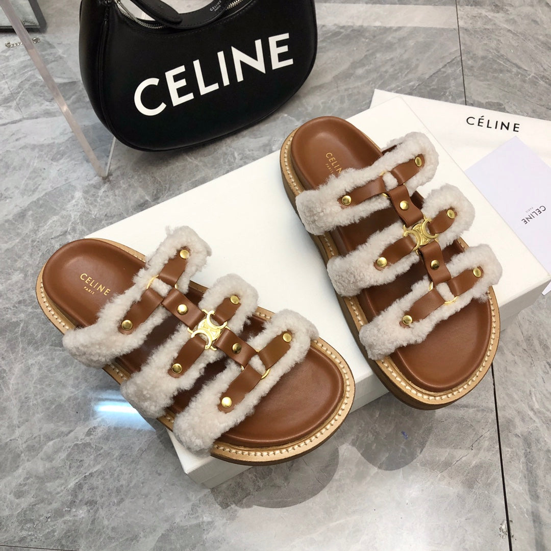 TIPPI SLIDE IN WHITE SHEARLING AND BROWN CALFSKIN