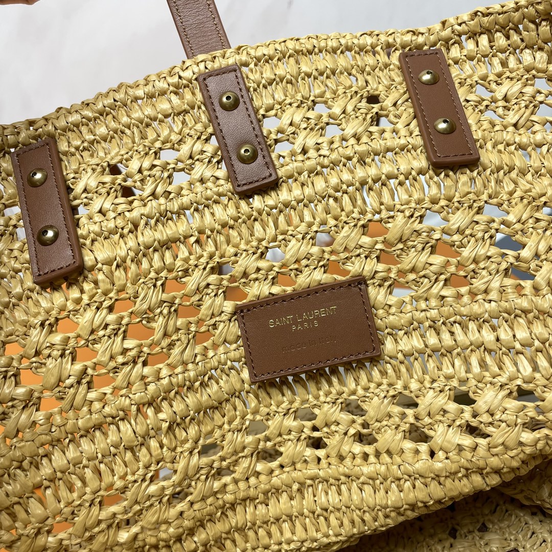 YSL PANIER BAG 55CM BEIGE CROCHET RAFFIA TAN CALFSKIN