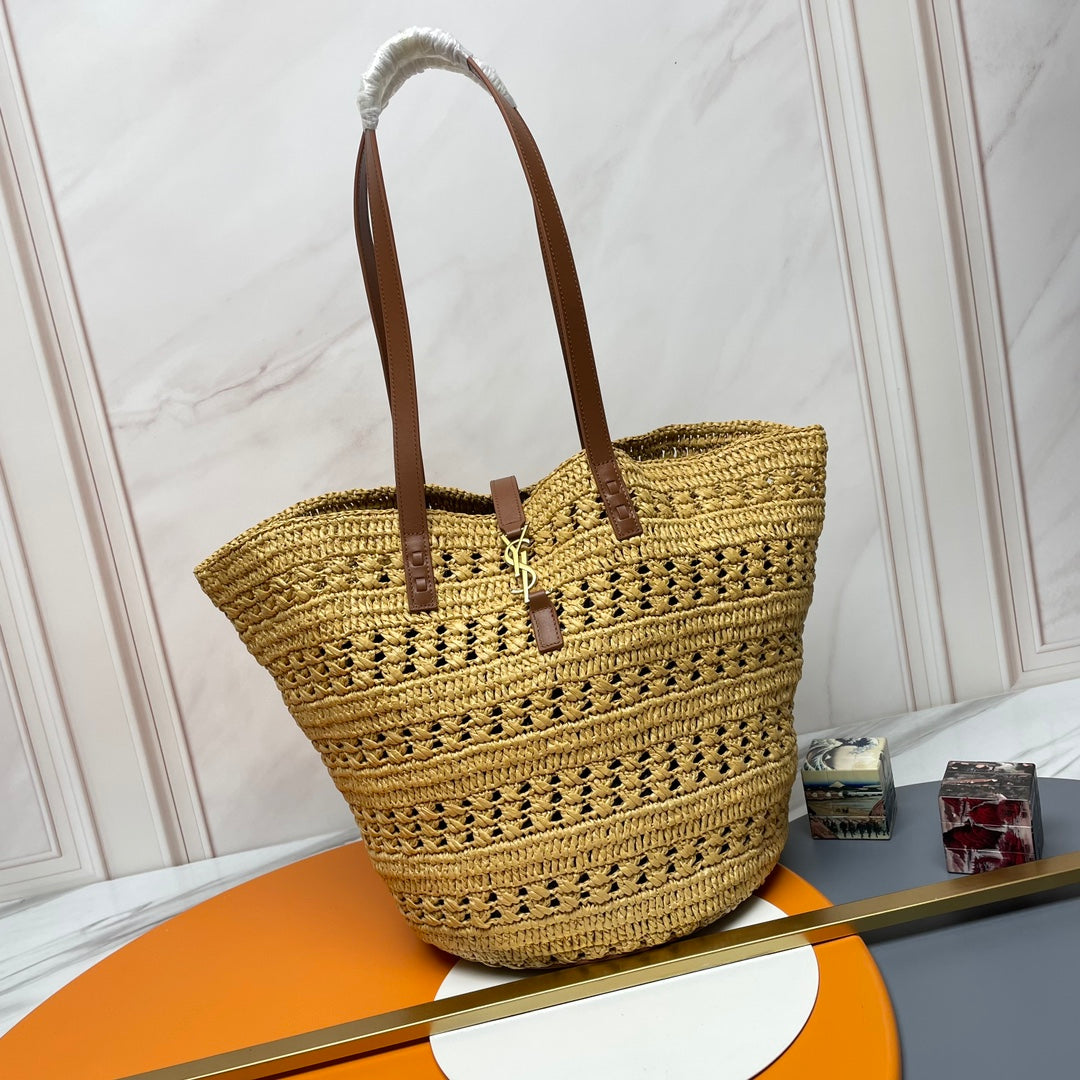 YSL PANIER BAG 55CM BEIGE CROCHET RAFFIA TAN CALFSKIN