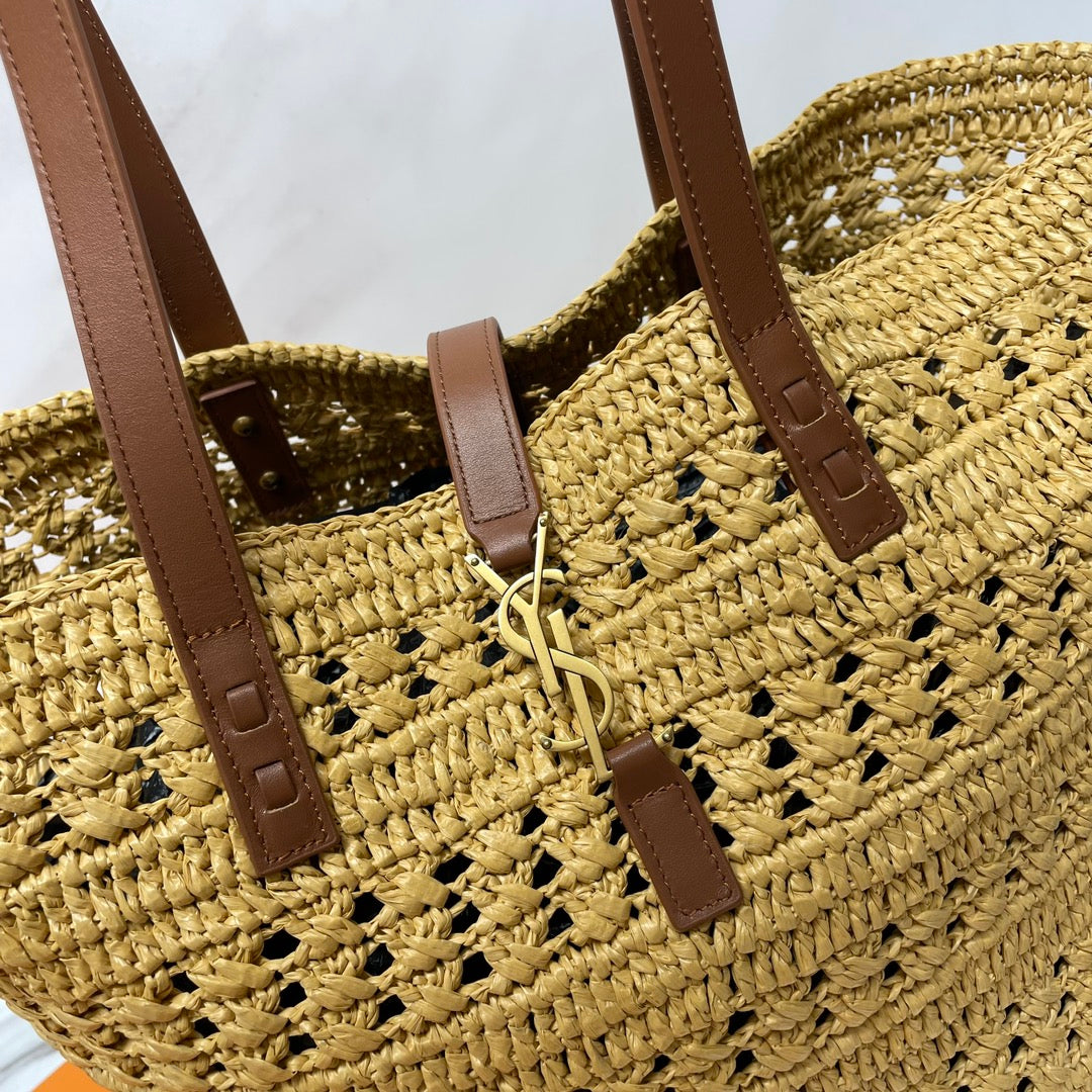 YSL PANIER BAG 55CM BEIGE CROCHET RAFFIA TAN CALFSKIN