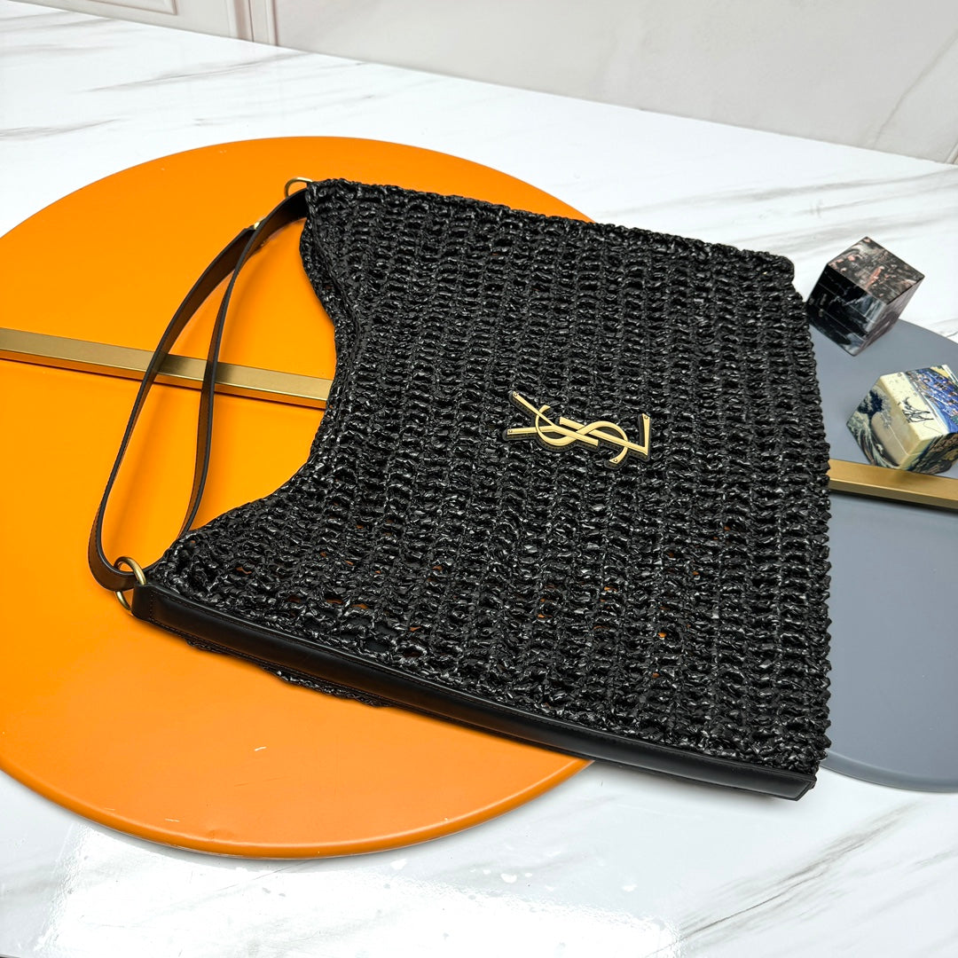 YSL OXALIS 37CM BLACK  RAFFIA TAN CALFSKIN