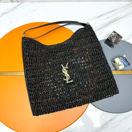 YSL OXALIS 37CM BLACK  RAFFIA TAN CALFSKIN