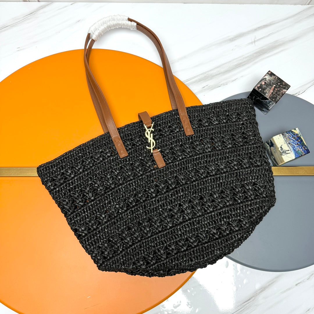 YSL PANIER BAG 55CM BLACK CROCHET RAFFIA TAN CALFSKIN