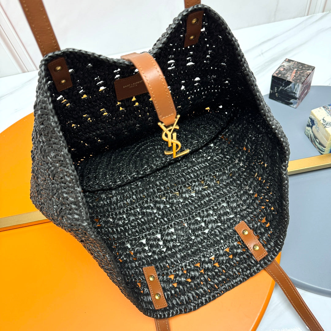 YSL PANIER BAG 55CM BLACK CROCHET RAFFIA TAN CALFSKIN