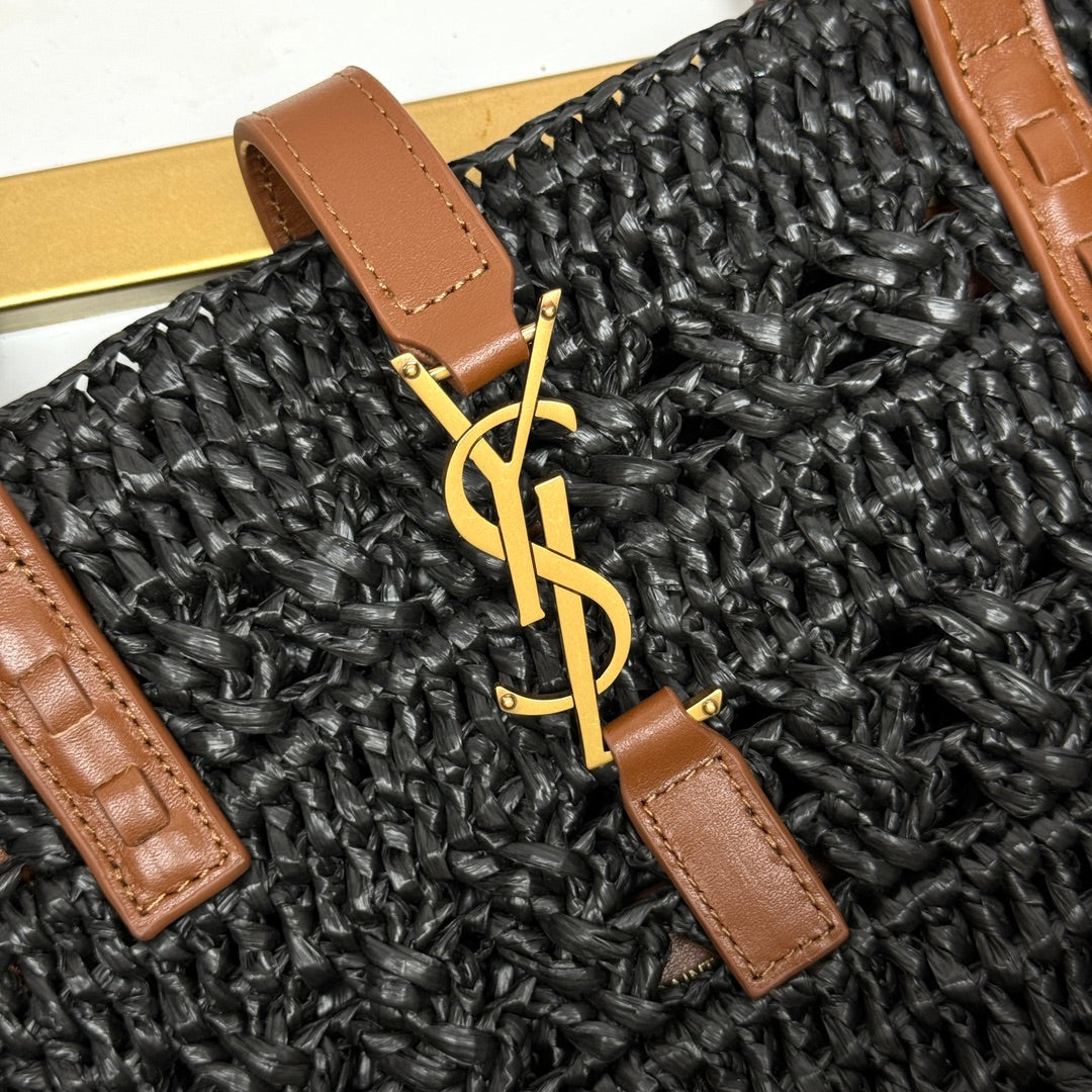 YSL PANIER BAG 55CM BLACK CROCHET RAFFIA TAN CALFSKIN