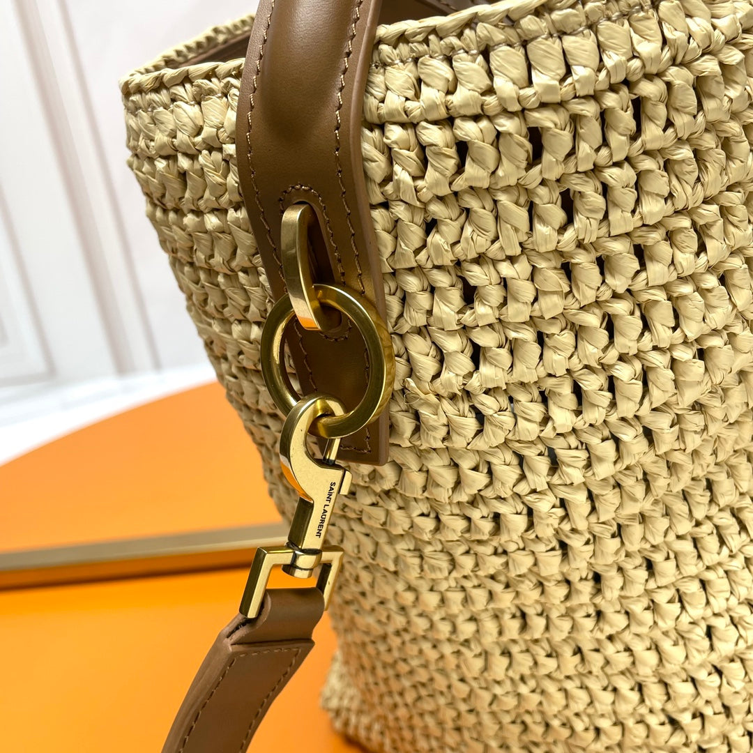 YSL LE 37 20CM BEIGE RAFFIA BUCKET BAG