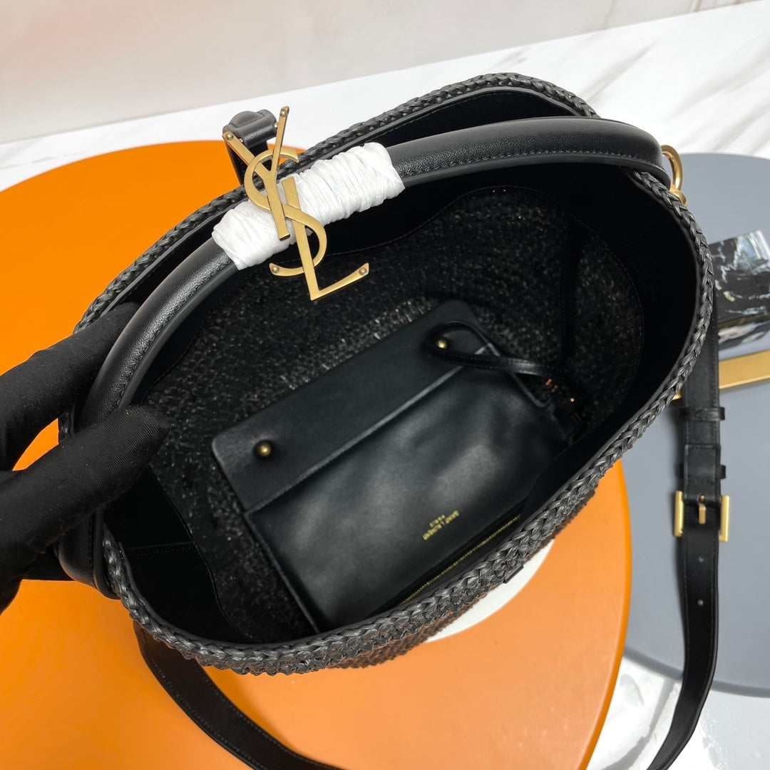 YSL LE 37 20CM BLACK RAFFIA BUCKET BAG