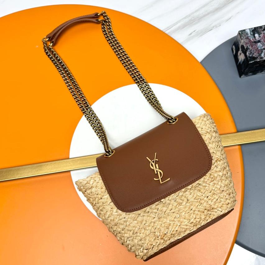 YSL SMALL 23CM MANON BEIGE RAFFIA TAN CALFSKIN