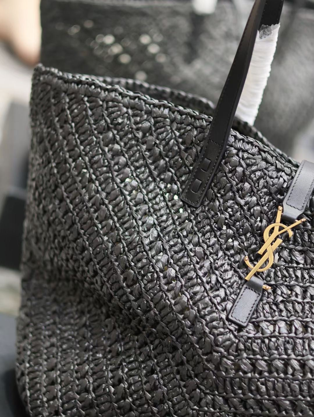 YSL MEDIUM 44CM PANIER BLACK RAFFIA TOTE BAG