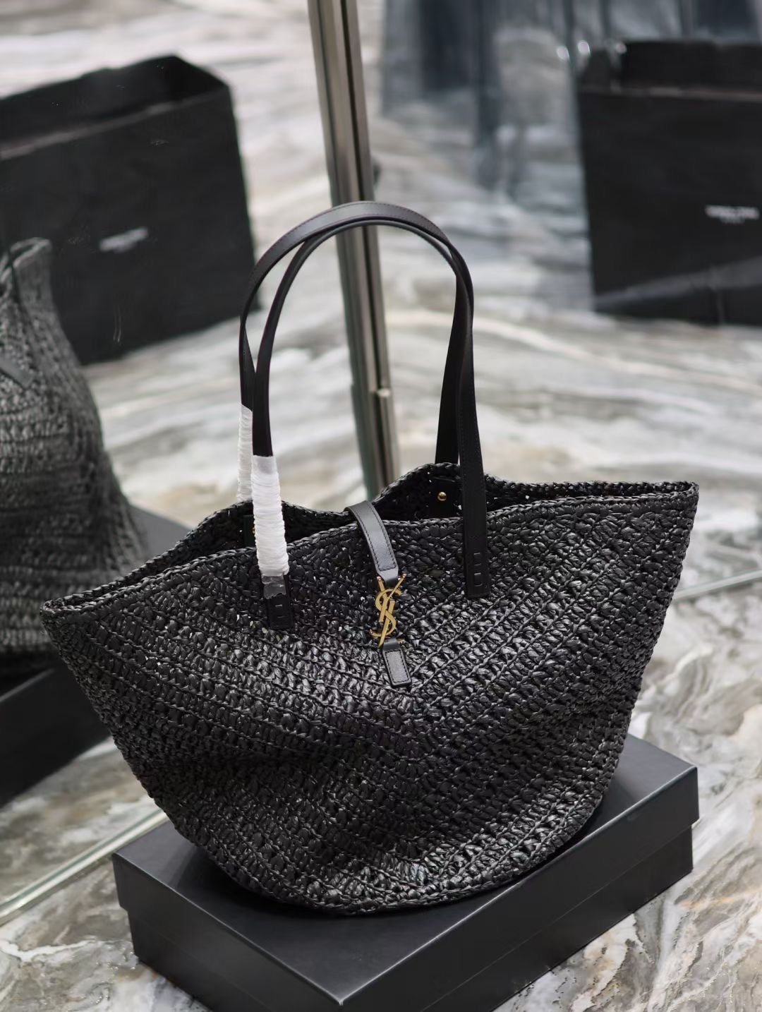 YSL MEDIUM 44CM PANIER BLACK RAFFIA TOTE BAG