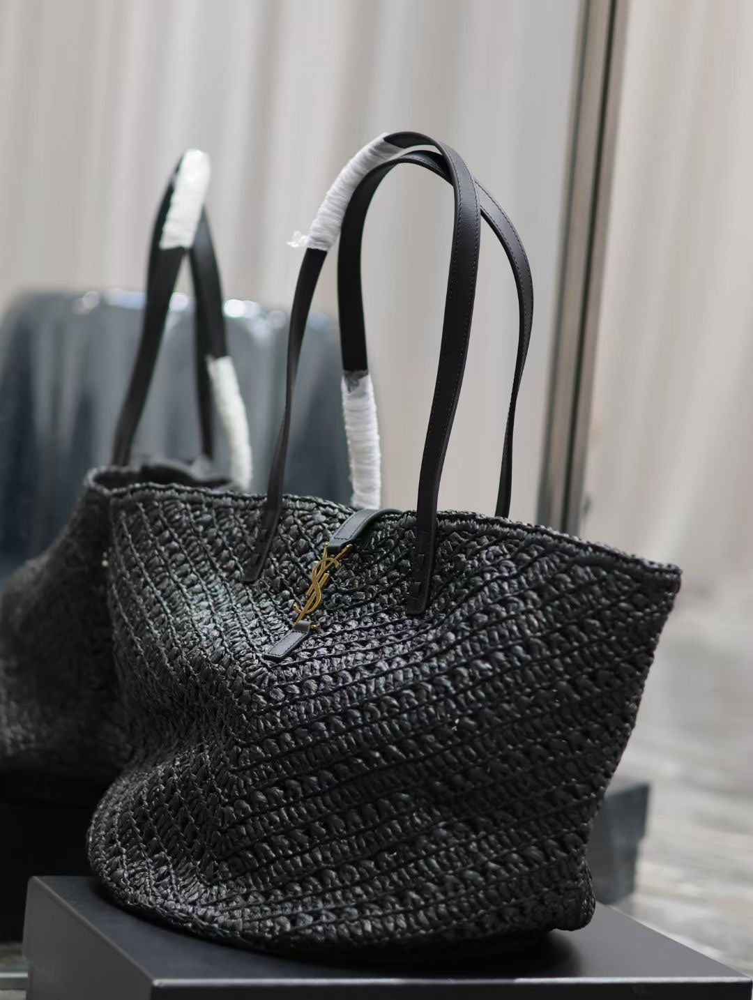 YSL MEDIUM 44CM PANIER BLACK RAFFIA TOTE BAG