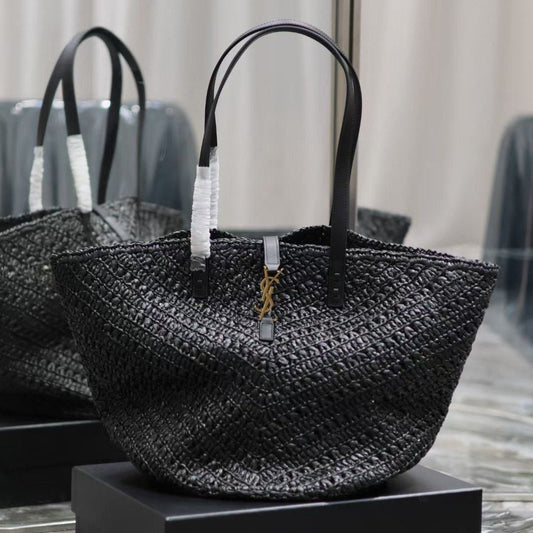 YSL MEDIUM 44CM PANIER BLACK RAFFIA TOTE BAG